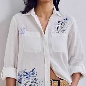 NWT Lauren Ralph Lauren Women’s White Linen Shirt w/ Logo Design